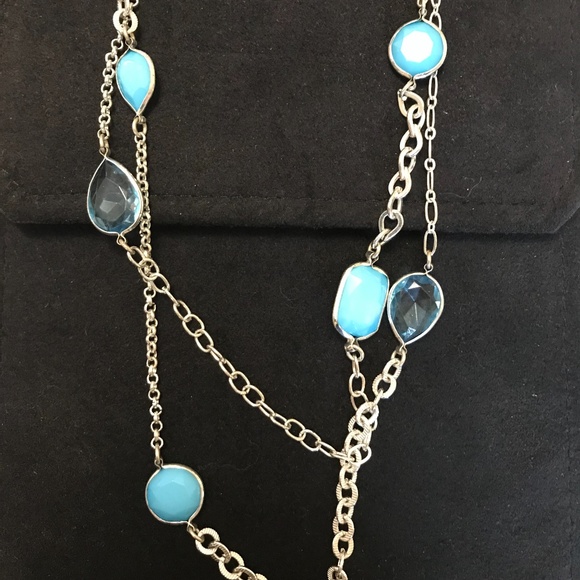 Long Length Silver Tone and Blue Stone Necklace - statement piece - Picture 2 of 7